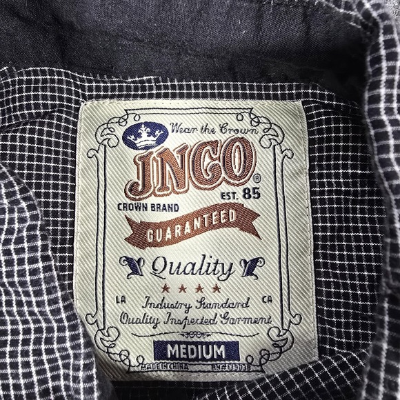 JNCO Shirt Mens Medium Black White Check Long‎ Sleeve Epaulets Zip Pocket Casual - Picture 5 of 9